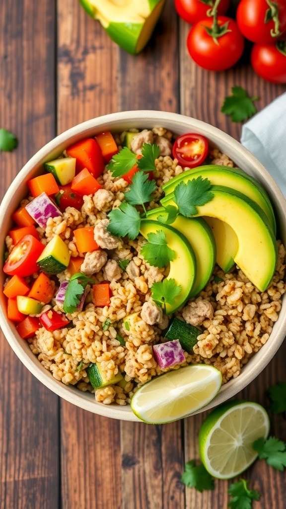 Healthy Quinoa Turkey Bowl Recipe A colorful quinoa turkey bowl with ground turkey, vegetables, avocado, and lime on a rustic table.